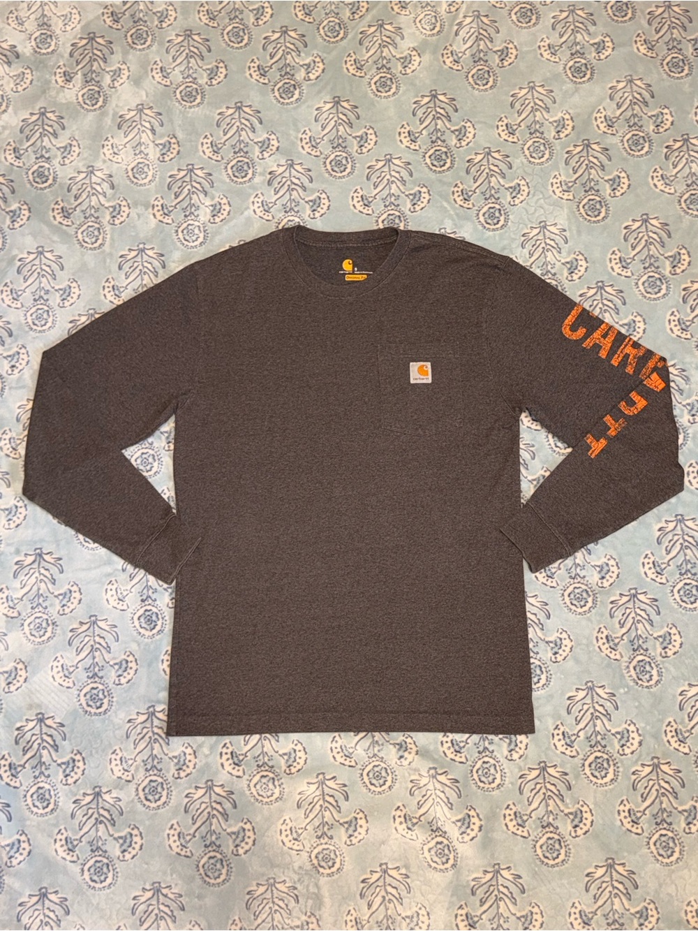Carhartt Charcoal Long-Sleeve Logo Tee with Orange Sleeve Text